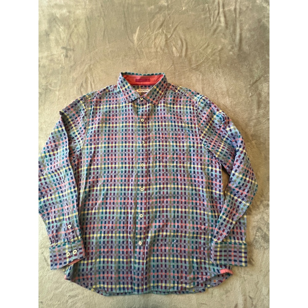 Tommy Bahama Button Down Shirt Mens Large Multicolor Plaid Cotton Silk Blend